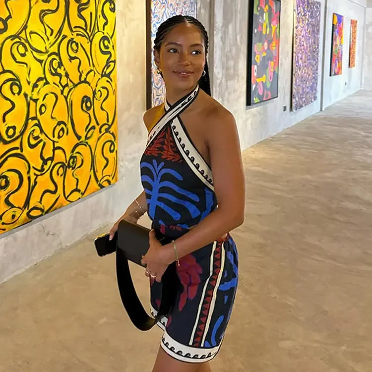 Vintage Printed Backless Halter Off Shoulder Dress Woman Female Sexy Off Shoulder Dresses Summer Print Sleeveless Lady Vestido