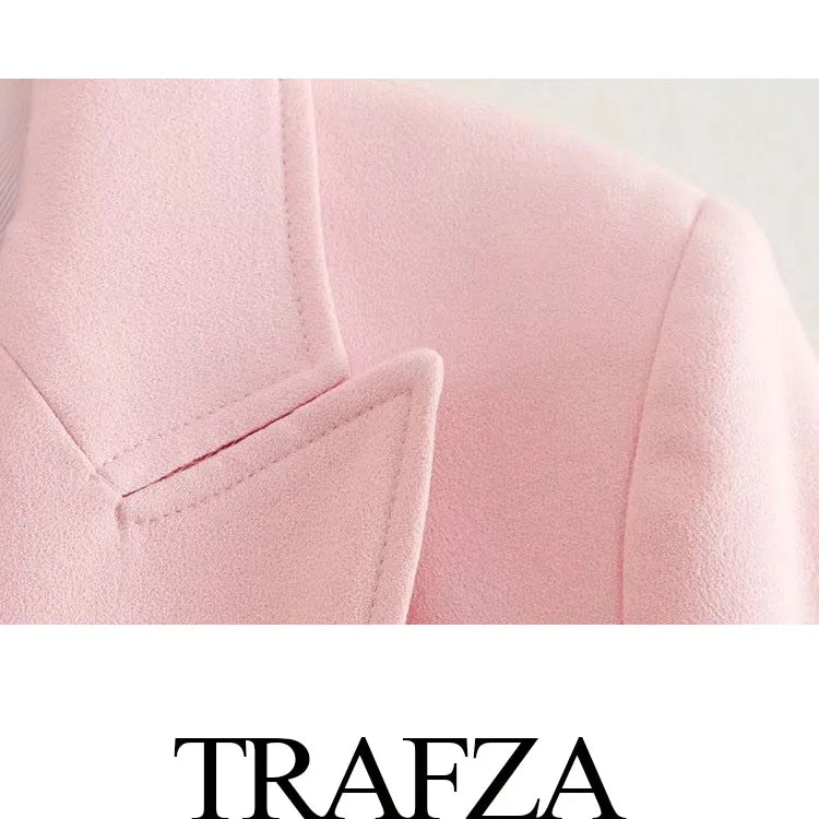 Women's Fashion Long Sleeve Lapel False Pocket Trim Blazer Women's Elegant Double Breasted Solid Color Suit Autumn