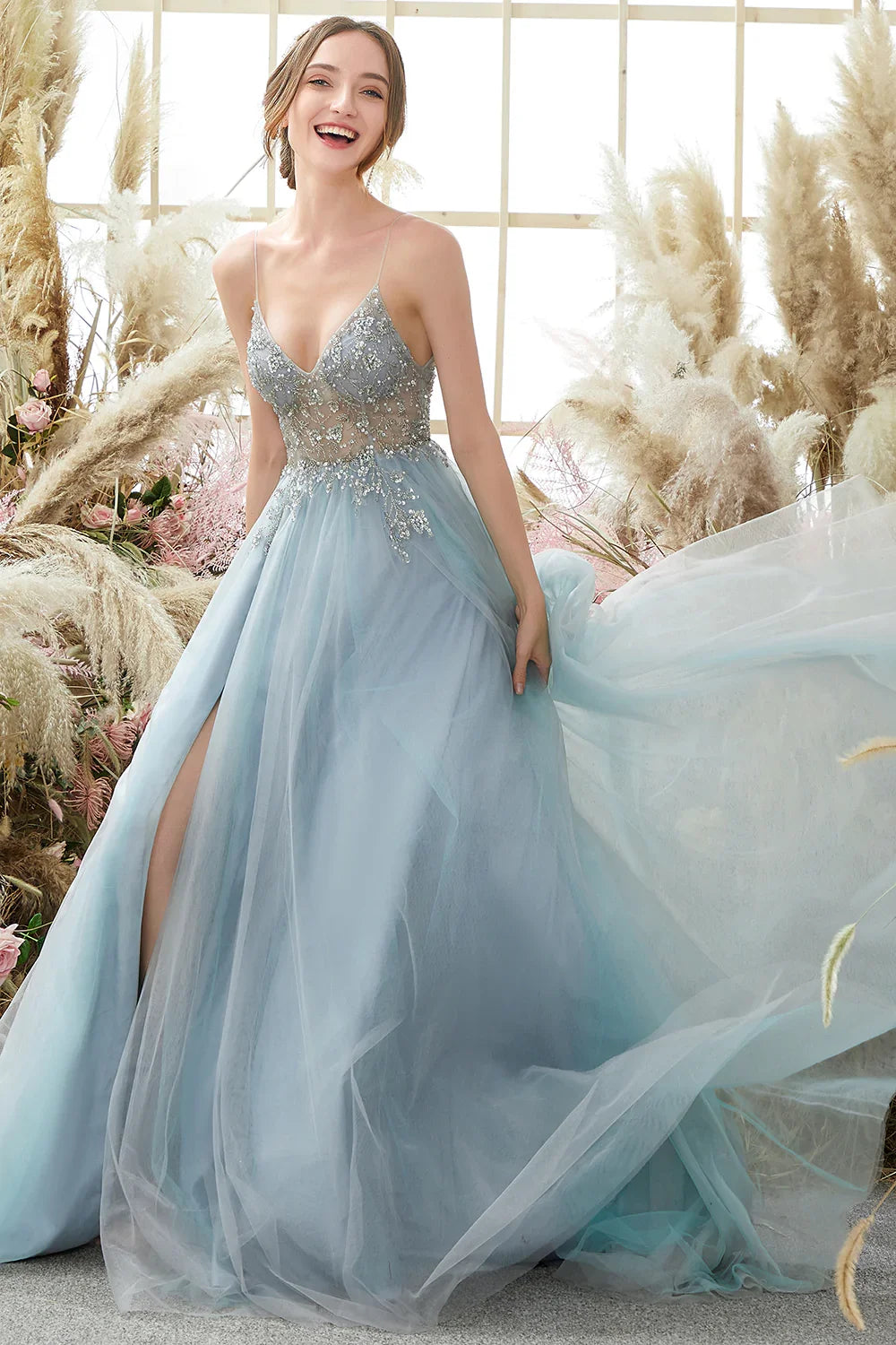 Sexy Prom Dresses with Slit Gorgeous Crystal Beads Backless V Neck Spaghetti Straps Formal Evening Gown
