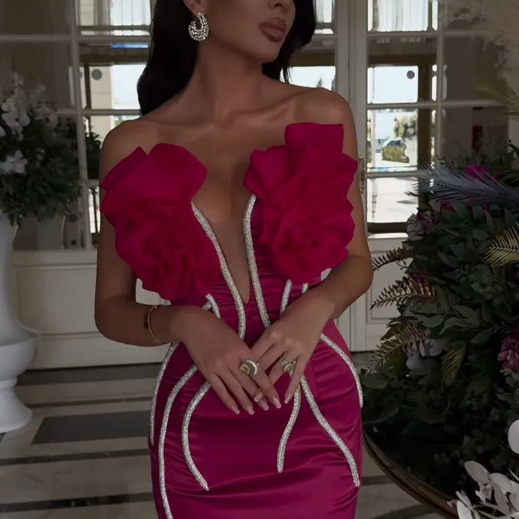 Vestido longo de bandagem rosa, sexy, sem alças, com contas e diamantes, para festa noturna, elegante, celebridade
