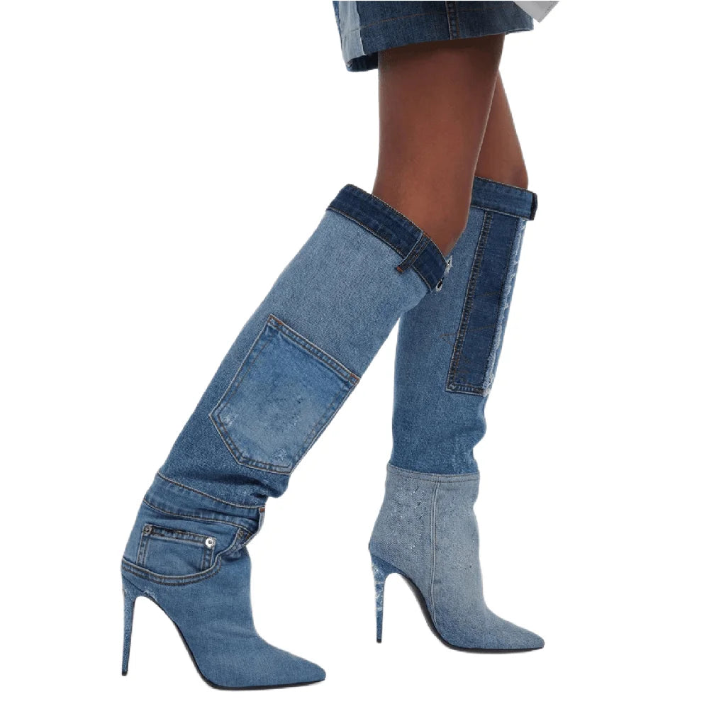 YJXKJY Women Worn Washed Cloth Over The Knee Boots Sexy Ladies Dilapidated Blue Denim Pocket Pointed Toe High Heels Party Shoes