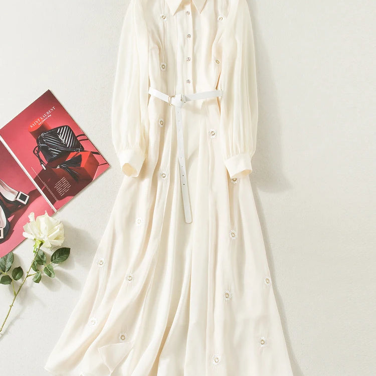 Spring Runway Embroidery Dress Women Elegant Long Sleeve Spring Midi Dress Single Breasted Party Holiday Vestidos beige L