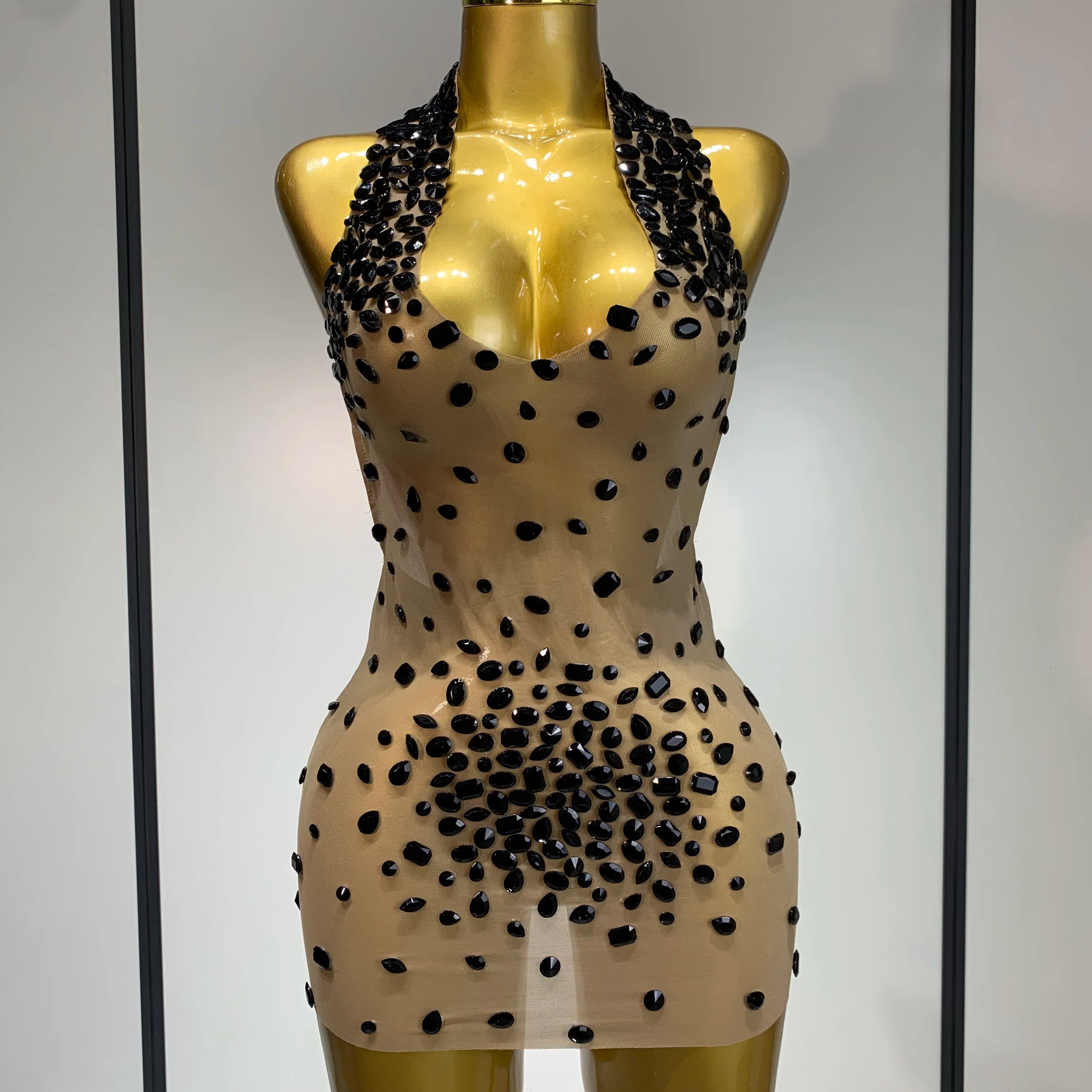 Luxury Rhinestones Backless Mini Dress Women Sexy Mesh Transparent Celebrate Evening Birthday Photo Shoot Perform Stage Outfit