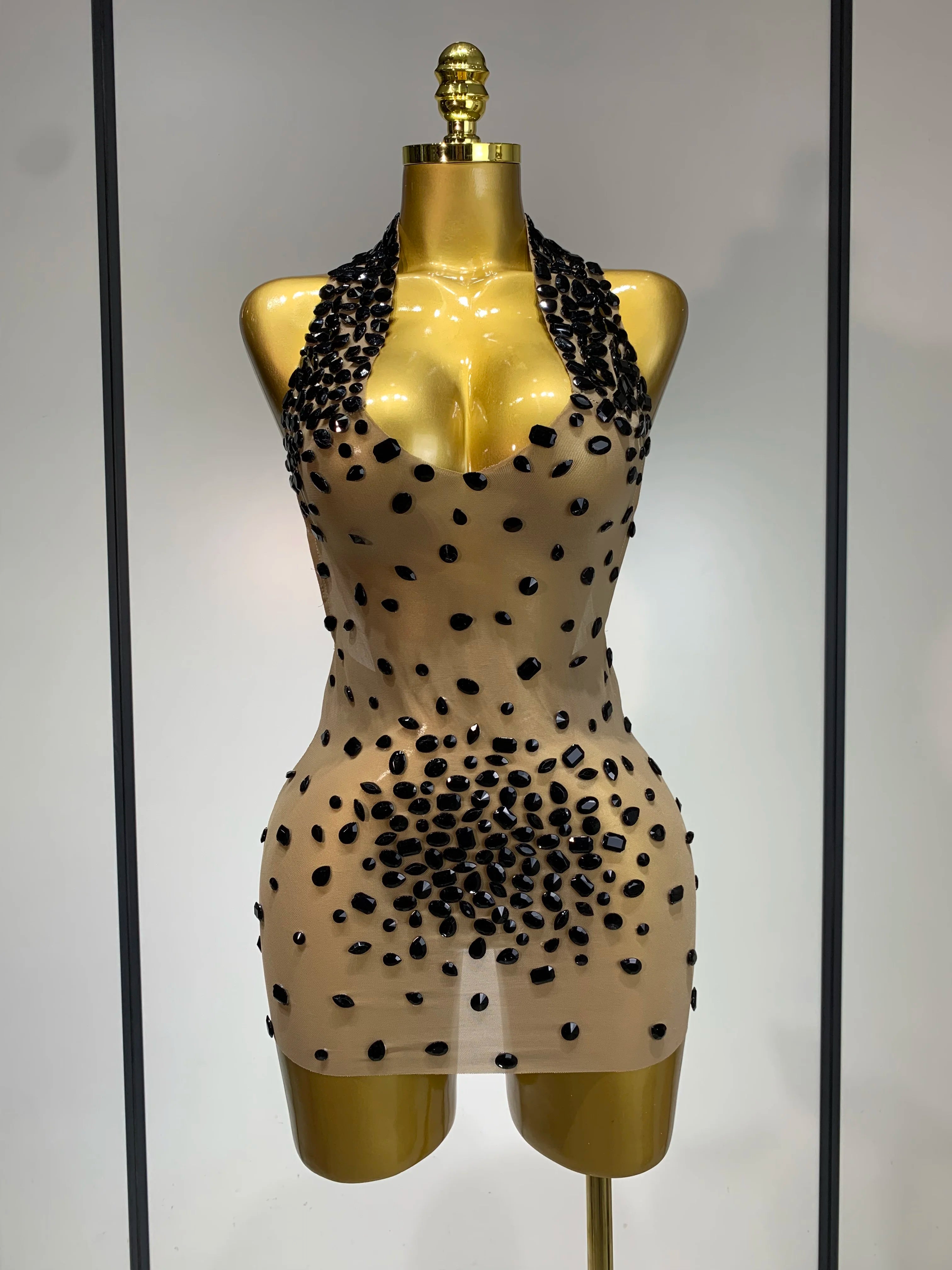 Luxury Rhinestones Backless Mini Dress Women Sexy Mesh Transparent Celebrate Evening Birthday Photo Shoot Perform Stage Outfit