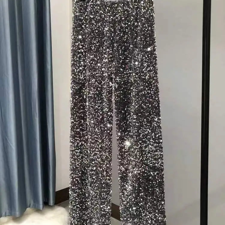Y2k Pants Woman Elastic Waist Sequins Wide Leg Trousers Shiny Full Length Straight Female High Street Light Grey
