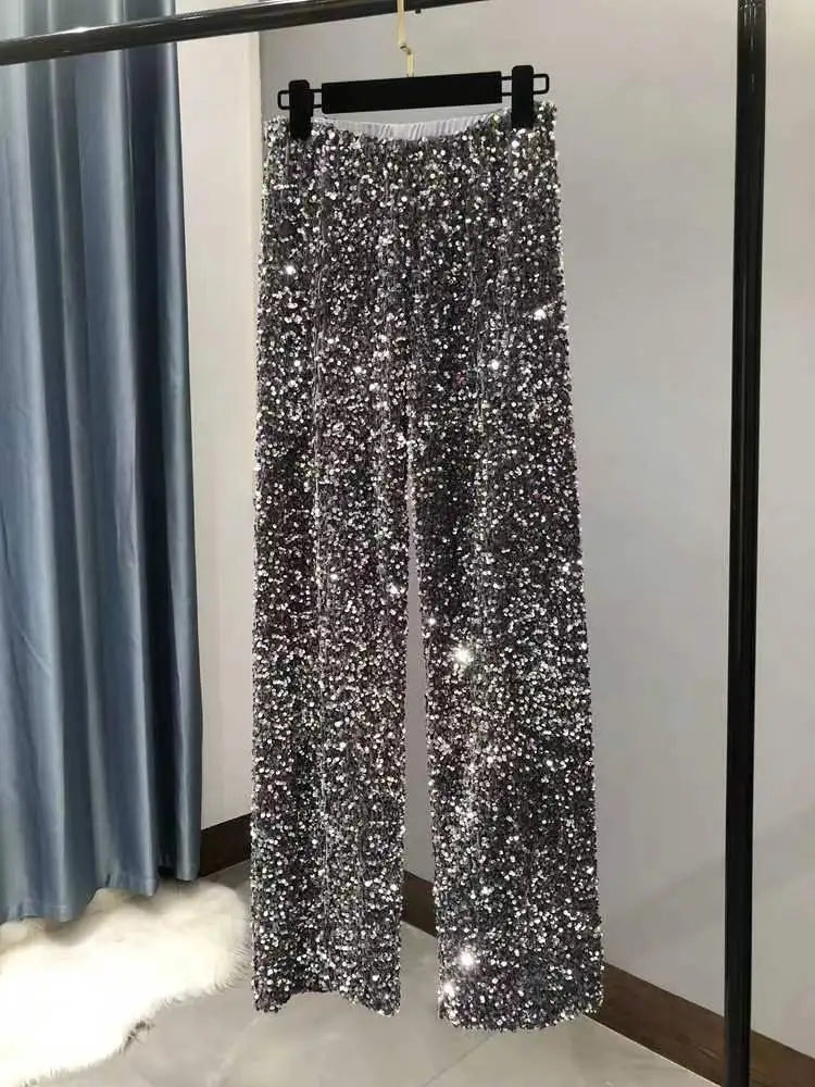 Y2k Pants Woman Elastic Waist Sequins Wide Leg Trousers Shiny Full Length Straight Female High Street Light Grey