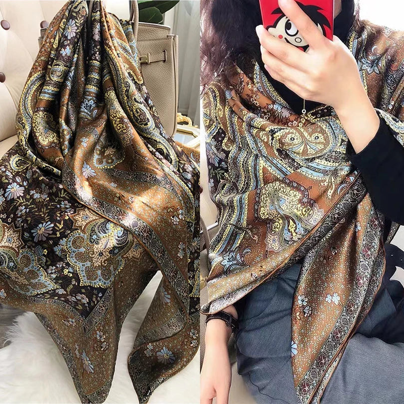 Coffee Gold 100% Mulberry Silk Women's Scarf Bandana Fashion Plaisley Style Square Scarves Hijabs Winter Brand Headscarf Foulard coffee gold