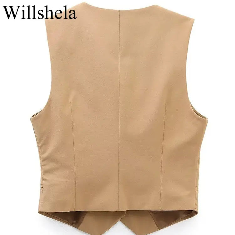 Willshela Women Fashion Khaki Cropped Vest V-Neck Single Breasted Sleeveless Female Chic Lady Outfit Short Top Tank