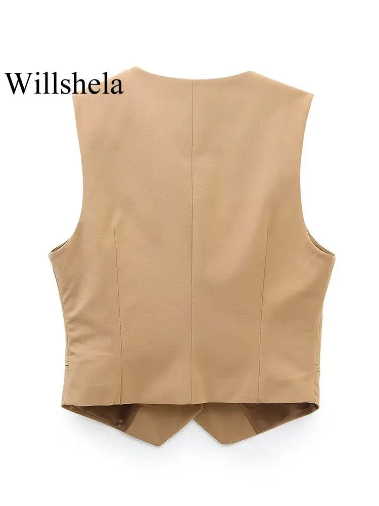 Willshela Women Fashion Khaki Cropped Vest V-Neck Single Breasted Sleeveless Female Chic Lady Outfit Short Top Tank