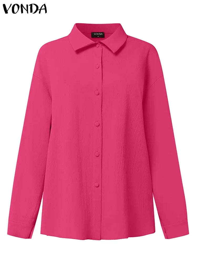 Plus Size 5XL VONDA Women Sets 2025 Autumn Casual Lapel Loose Two-Piece Suits Elegant Tops and Wide Leg Pants Matching Sets