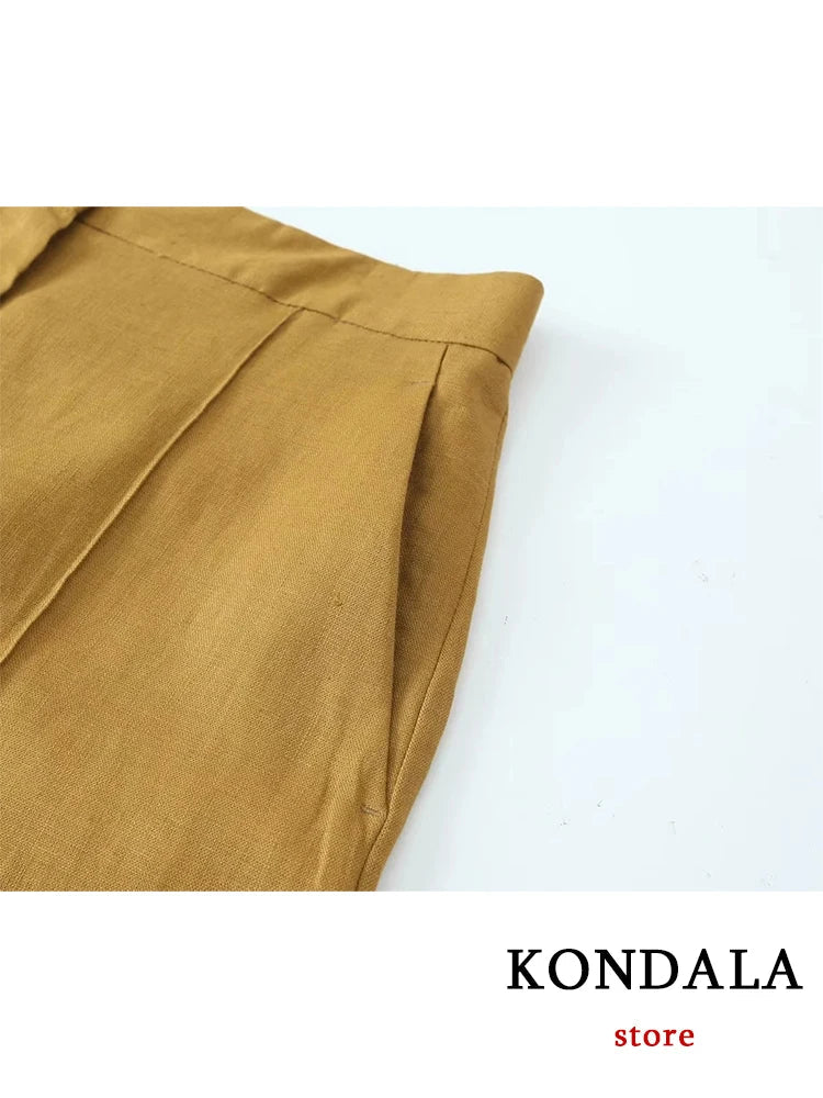 KONDALA Office Lady Linen Brown Suits Women V Neck Single Buttons Vest Blazer+High Waist Wide Leg Pants Fashion Summer Sets