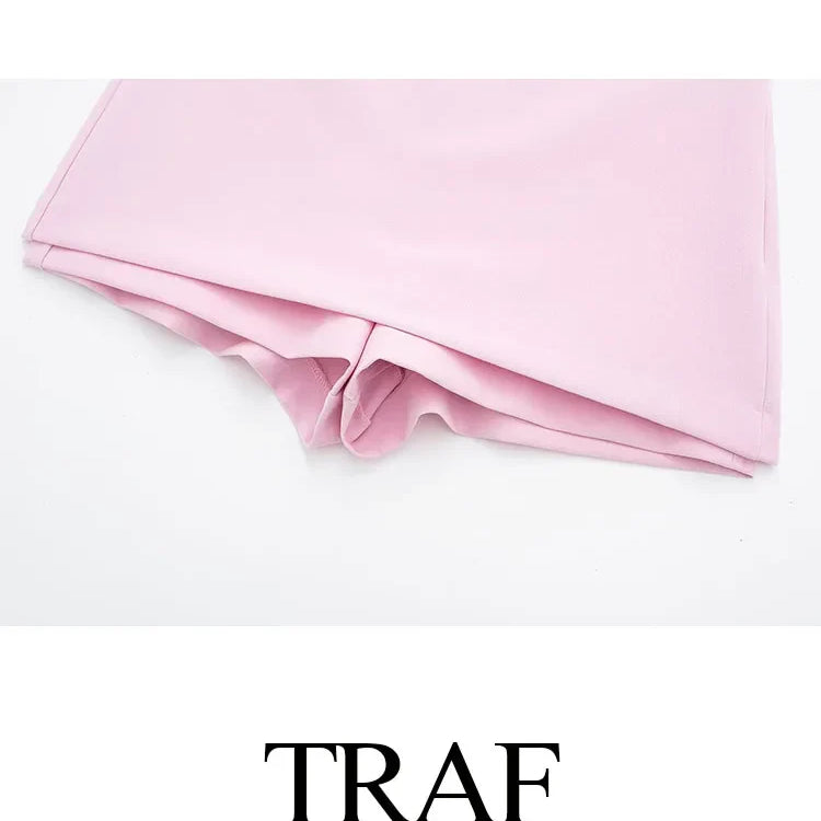 TRAF Summer Women Pink Shorts 2 Pieces Set High Waist Mini Skirts Shorts Sexy V-Neck Sleeveless Backless Suspender Zipper Top