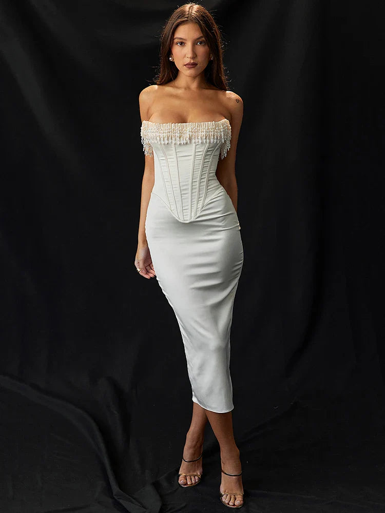 Mozision Pearl Tassel Sexy Midi Dress For Women Fashion Party Outfits Off-shoulder Strapless Backless Bodycon Club Sexy Dress