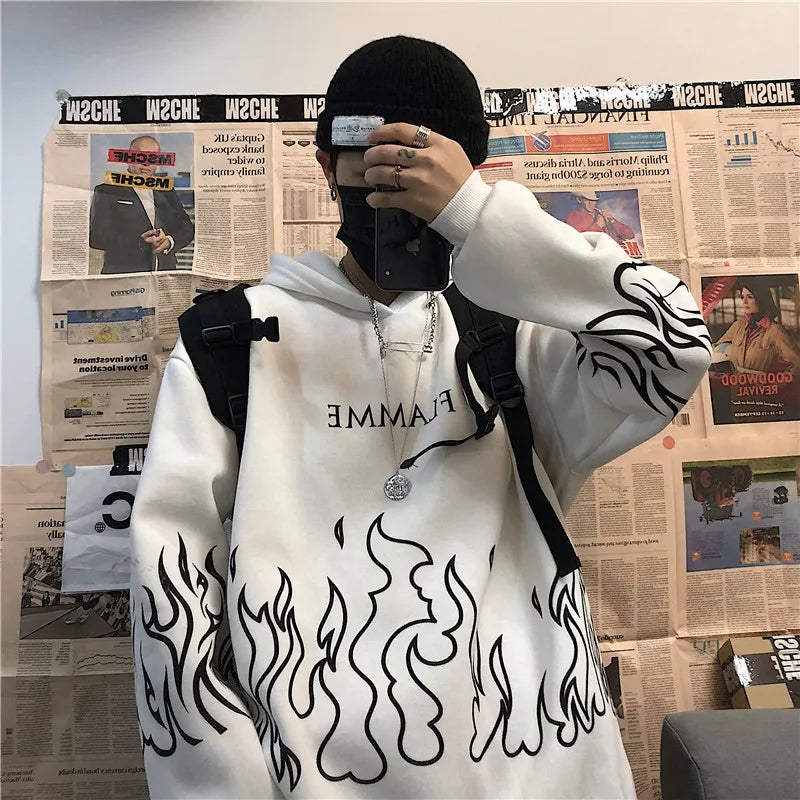 Retro Flame Print Hoodies Women Autumn Casual Oversized Long Sleeve Pullovers Tops Korean Style Harajuku Unisex Loose Sweatshirt WHITE