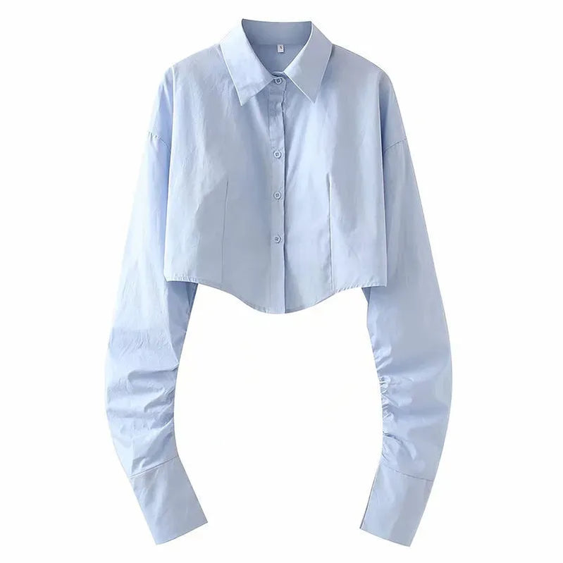 Spring Korean Style Long Sleeve White Shirt Women Sexy Button Ladies Crop Tops Blouse Street New In Female Clothing Blue