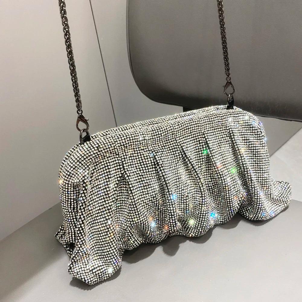 Shiny Rhinestones Handmade Evening Clutch Bags New Folds Purses And Handbags Luxury Designer Wedding Party High Quality Silver black