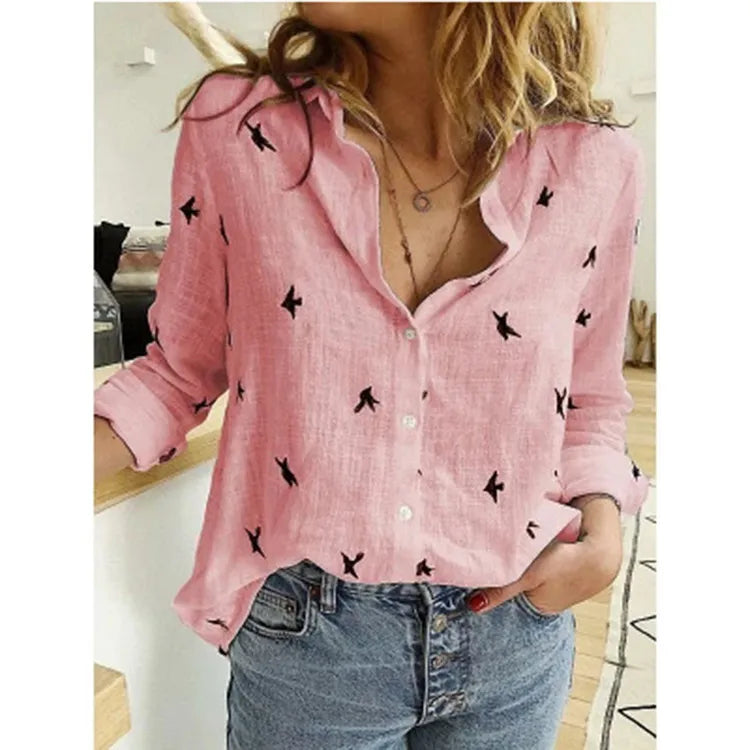 Women Casual Long Sleeve Cotton Linen Loose Shirt Elegant Solid Harajuku Lapel Blouse Vintage Oversize Tops Y2K Streetwear Tunic Birds Print Pink