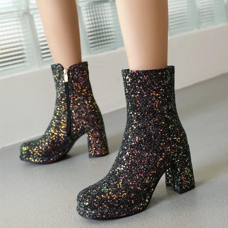 Luxury Sequined Women Ankle Boots Gold Silver Block Heels Short Boot Female Zipper Autumn Winter Party Shoes Ladies Large Size