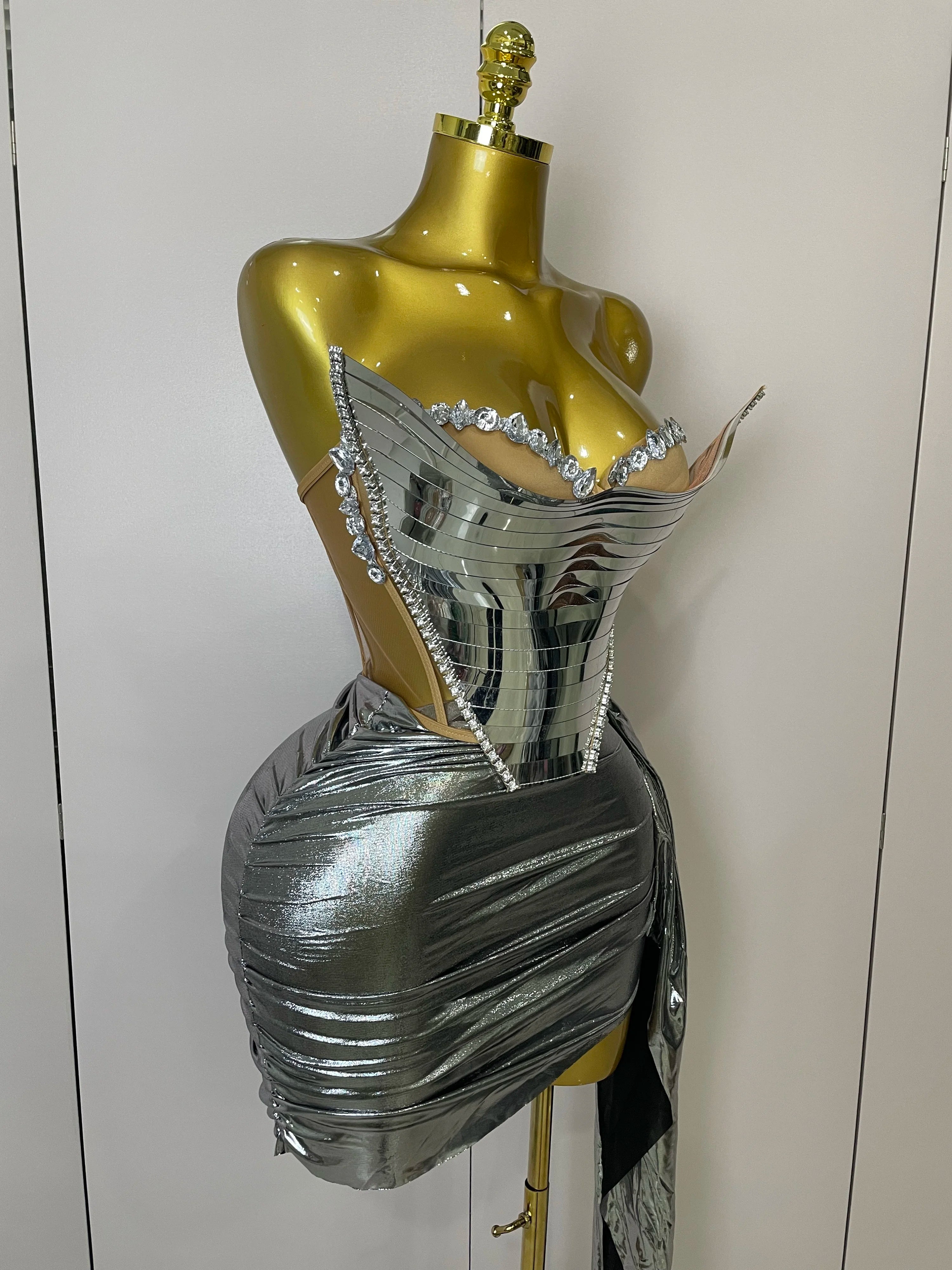 Sparkly Gold Sequin Sexy Top Two Pieces Set 2025 Women Celebrate Party Birthday NightClub Performance Dancer Show Stage Outfit