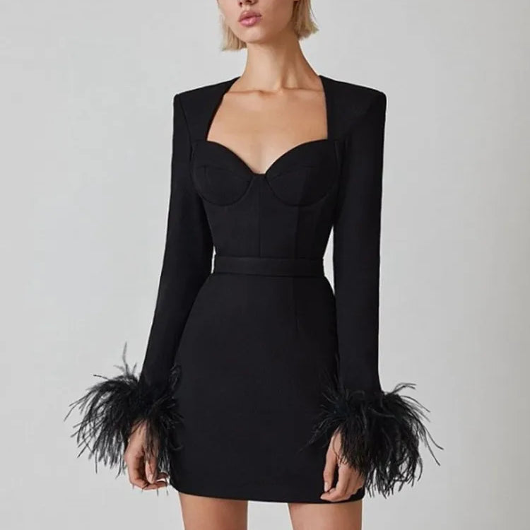 2022 New Winter Women Long Sleeve Square Collar Bodycon Mini Dress Feathers Rayon Bandage Fashion Elegant Evening Party Dress black