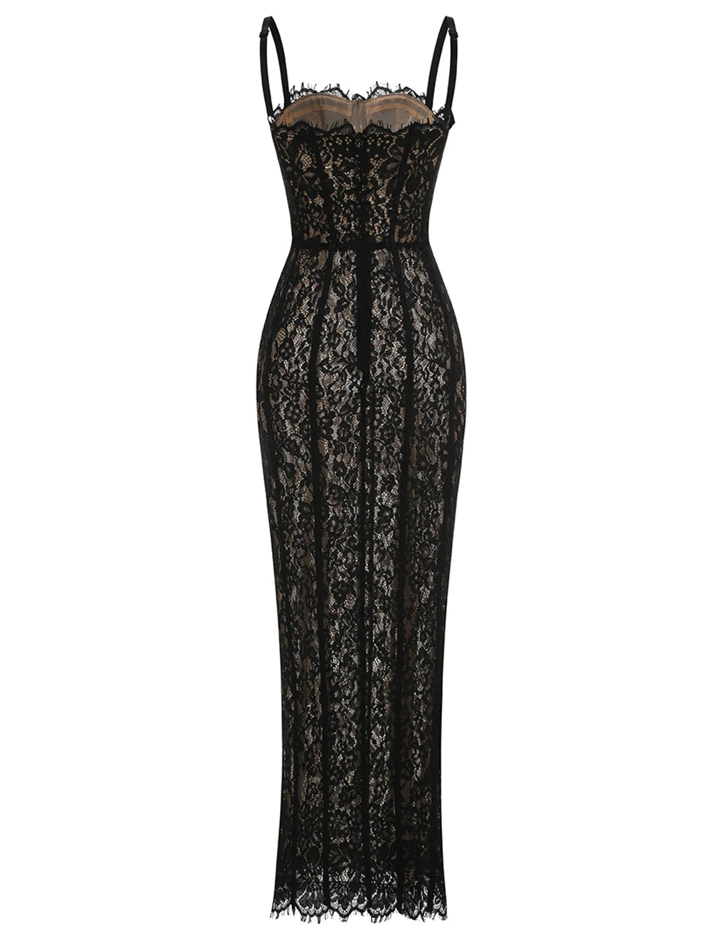 Elegant Lace Spaghetti Strap Long Dress Women Slim Sleeveless Sling Evening Party Gowns 2025 Summer New Female Fashion Robe