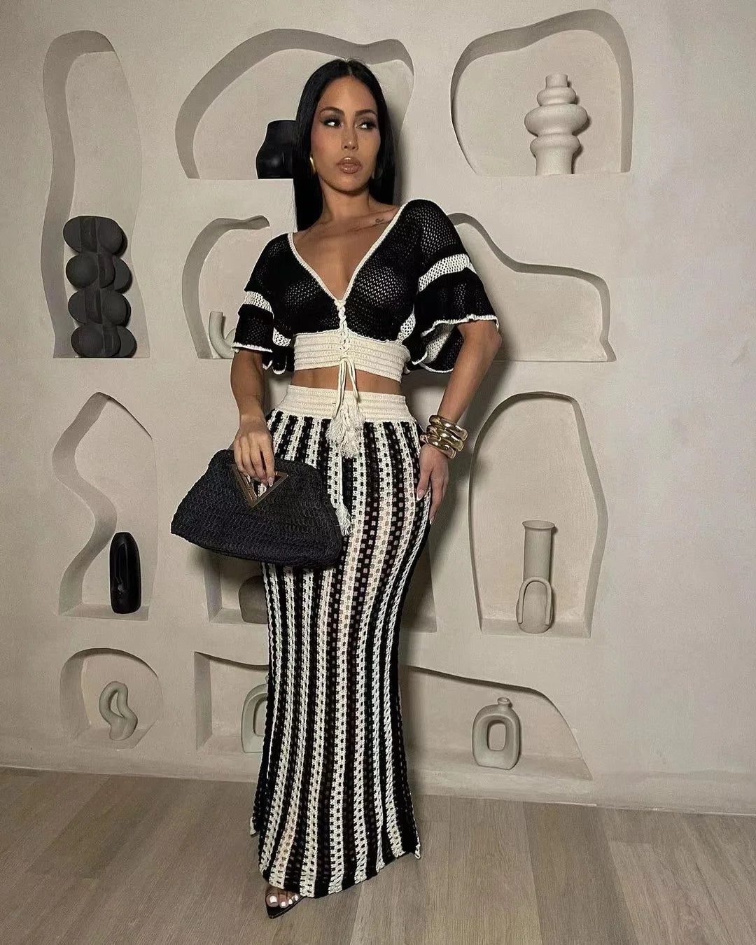 CM.YAYA Women's Set Short Sleeve V-neck Top + Long Skirts Suit Summer Knitted Hollow Out Streetwear Beach Sexy Two 2 Piece Sets