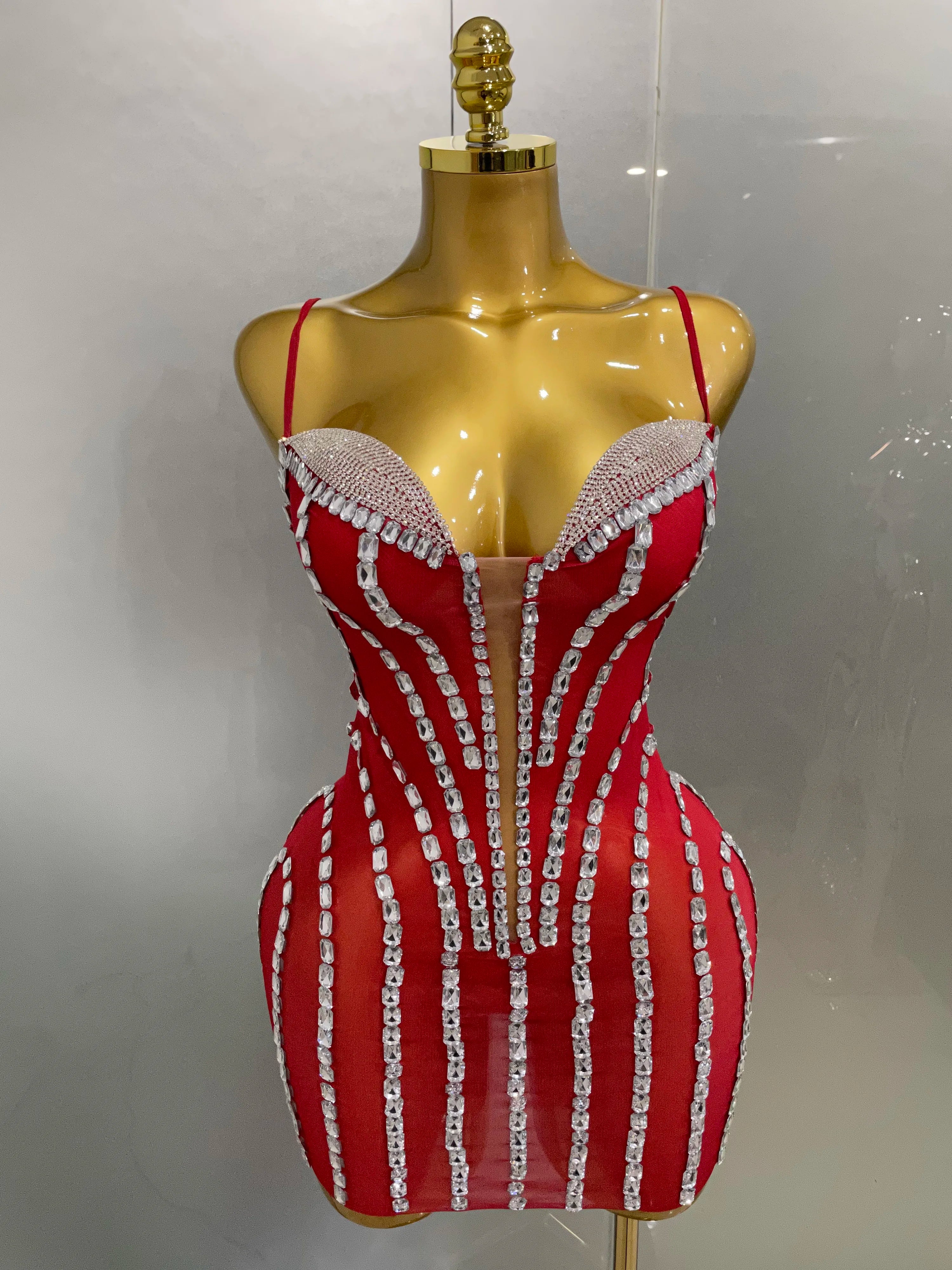 Sexy Sparkly Rhinestones Mesh See Through Short Slip Dress 2025Women Evening Birthday Party Prom Nightclub PhotoShoot Stage Wear