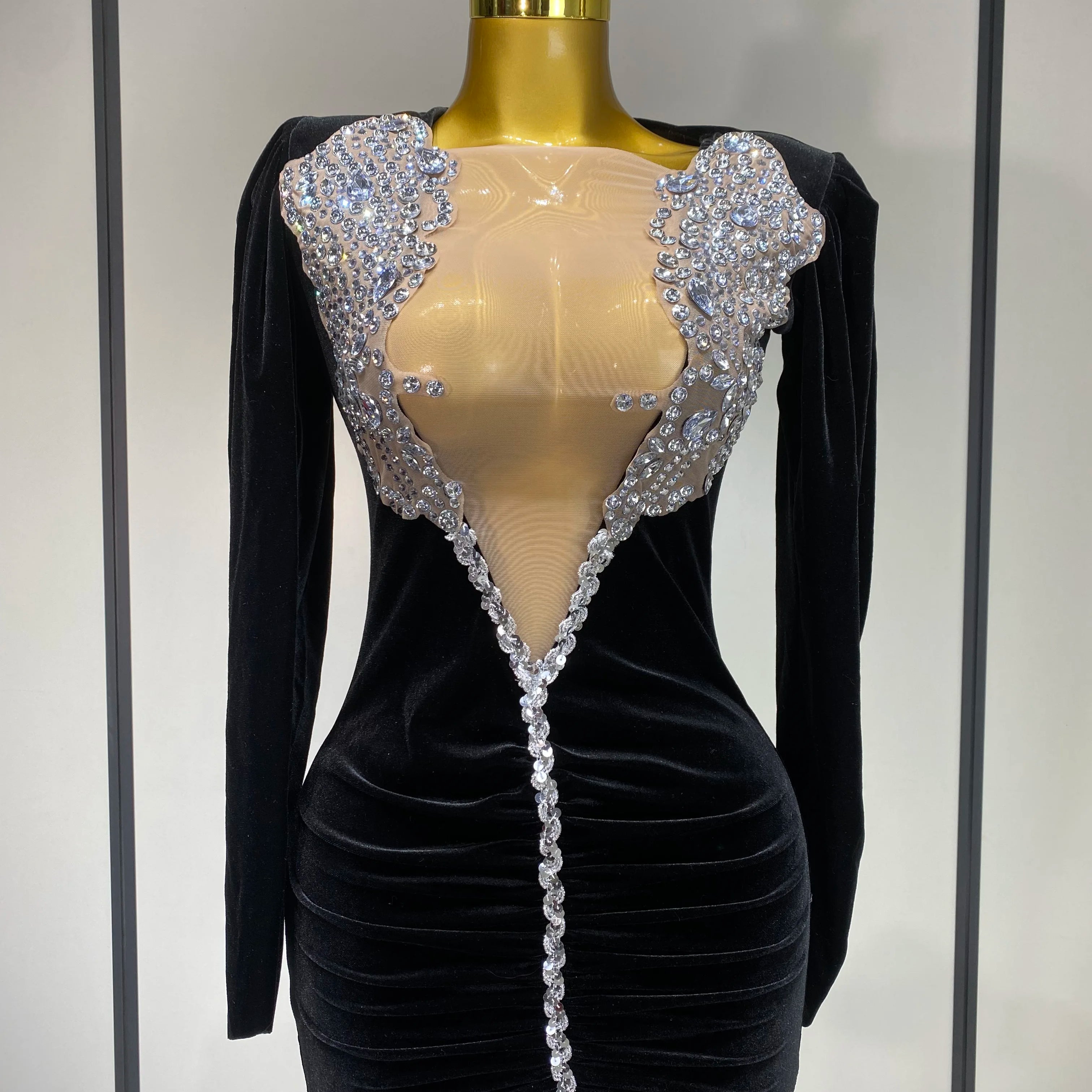 Luxury Birthday Dress Sparkly Crystals Sexy Mesh Velvet Short Dress 2025 Women Elegant Evening Party Nightclub Stage Costume
