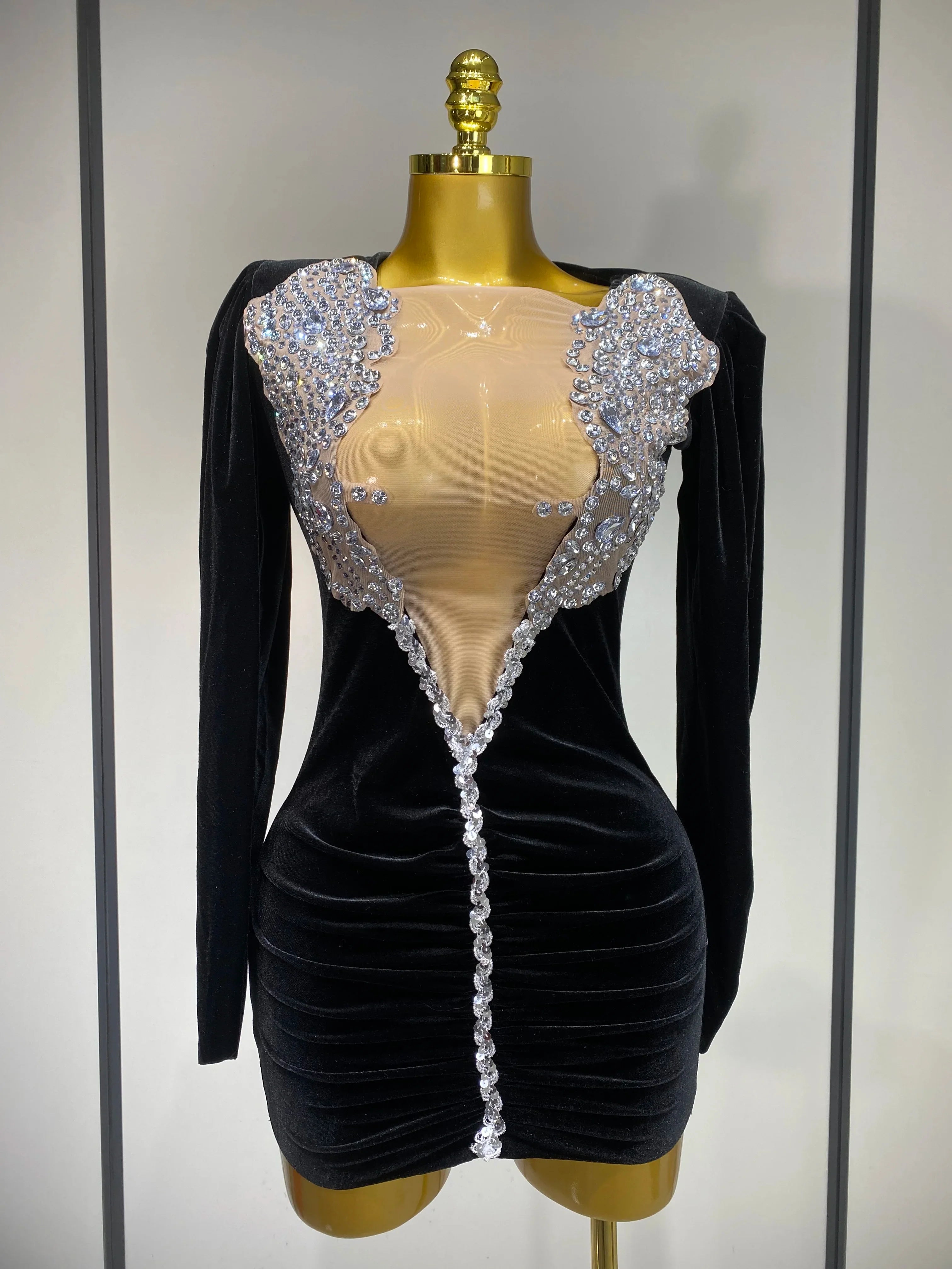 Luxury Birthday Dress Sparkly Crystals Sexy Mesh Velvet Short Dress Women Elegant Evening Party Nightclub Stage Costume