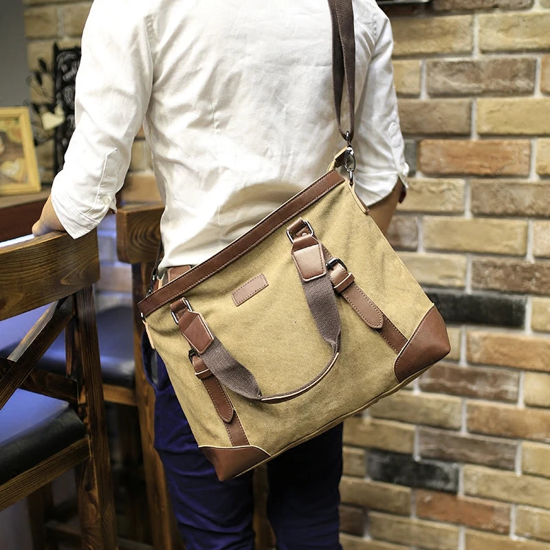 Khaki Casual Vintage Multifunction Soft Men's Canvas Travel Handbag Crossbody Shoulder Messenger Bag For Men