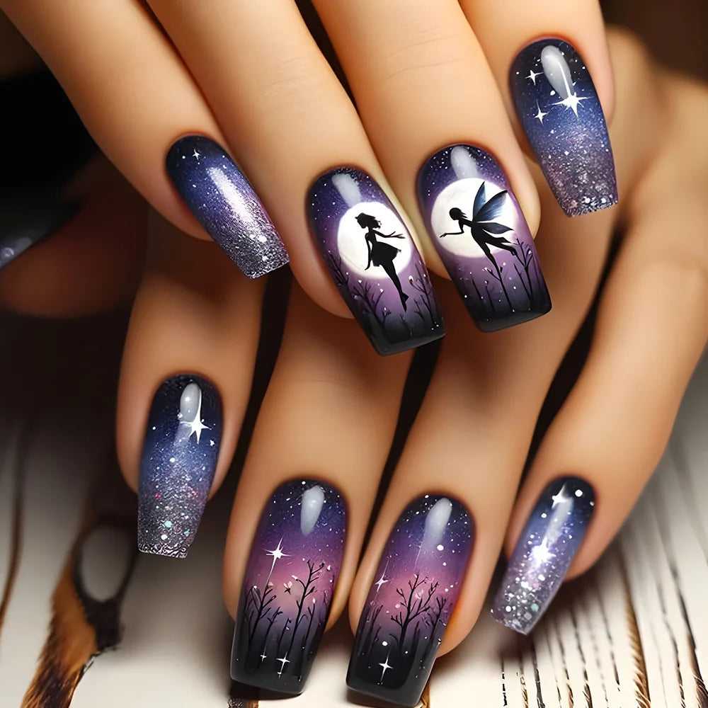 24pcs/set Medium Square fake nails Gradient Aurora flame Lightning stripes starry sky faux ongles tips press on false nails art