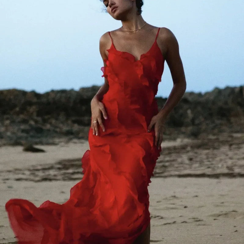 Elegant Red Chiffon Slip Dresses for Women Sexy Spaghetti Strap Backless Lace-up Ruffles Long Maxi Evening Party Prom Dress