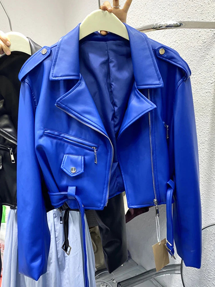 Spring Autumn Short Blue Soft Pu Leather Biker Jacket Women Zipper Long Sleeve Belt Cool Luxury Designer Clothes 2022 Blue