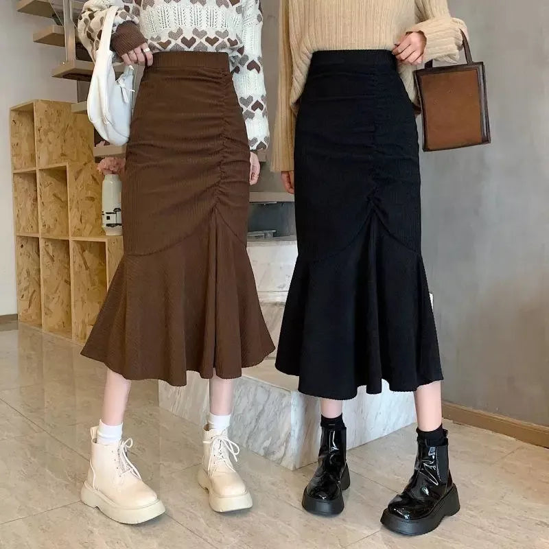 Fashion High Waist Midi Skirts for Women Spring Slim Fit Hip Mermaid Skirt Woman Korean Ruffles Brown Skirts 2XL