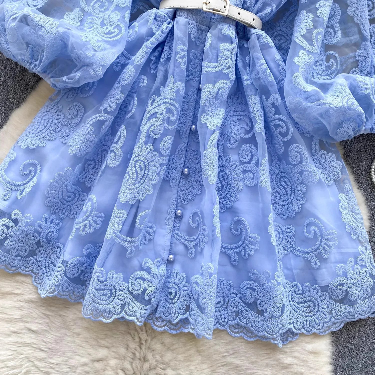 French Sweet V Neck Lantern Sleeve Mini Dress Summer Women Embroidery Flower Mesh Patchwork Belt Casual Beach A-Line Party Robes