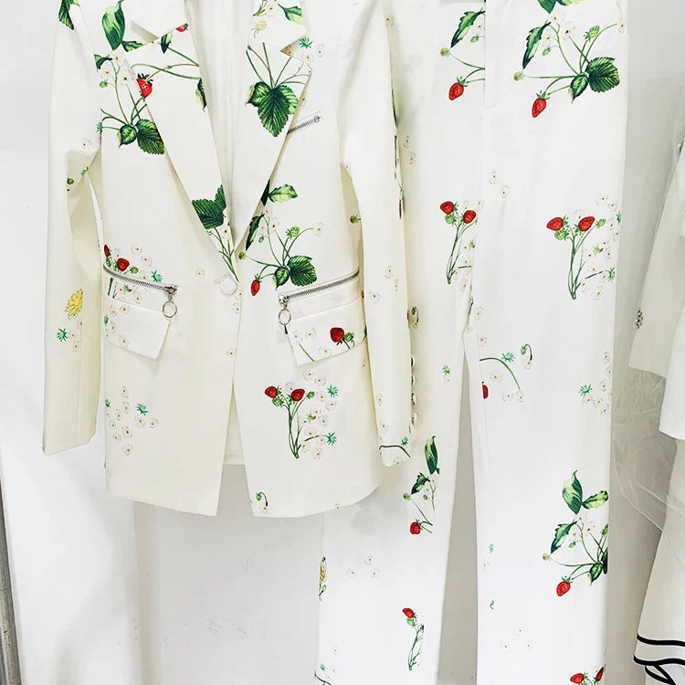 HIGH QUALITY Newest Designer Runway Suit Set Women's Single Button Strawberry Floral Printed Blazer Pants Suit 2pcs