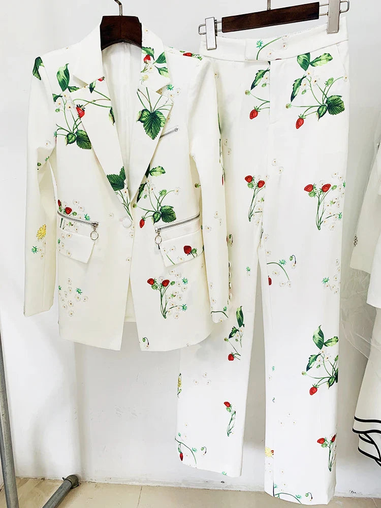 HIGH QUALITY Newest Designer Runway Suit Set Women's Single Button Strawberry Floral Printed Blazer Pants Suit 2pcs