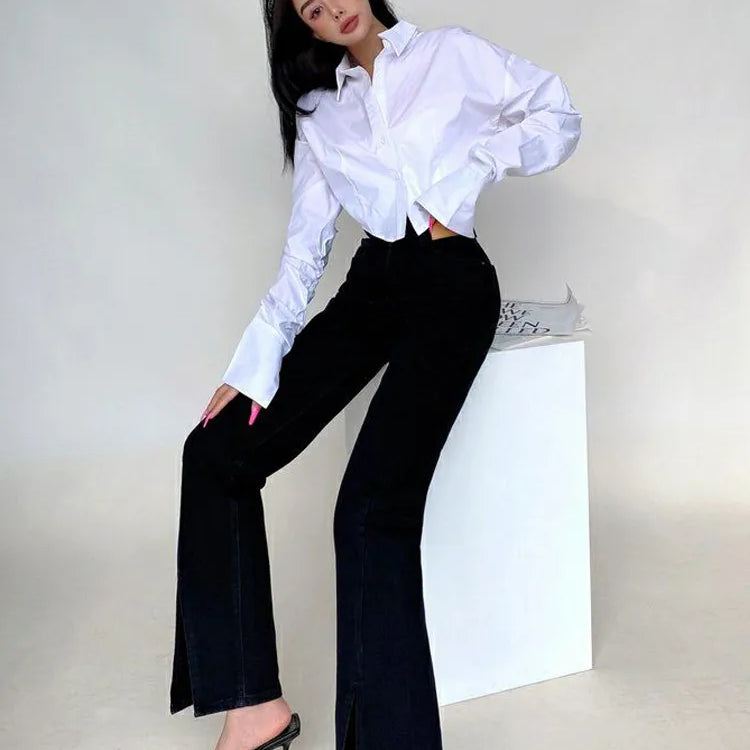 Spring Korean Style Long Sleeve White Shirt Women Sexy Button Ladies Crop Tops Blouse Street New In Female Clothing
