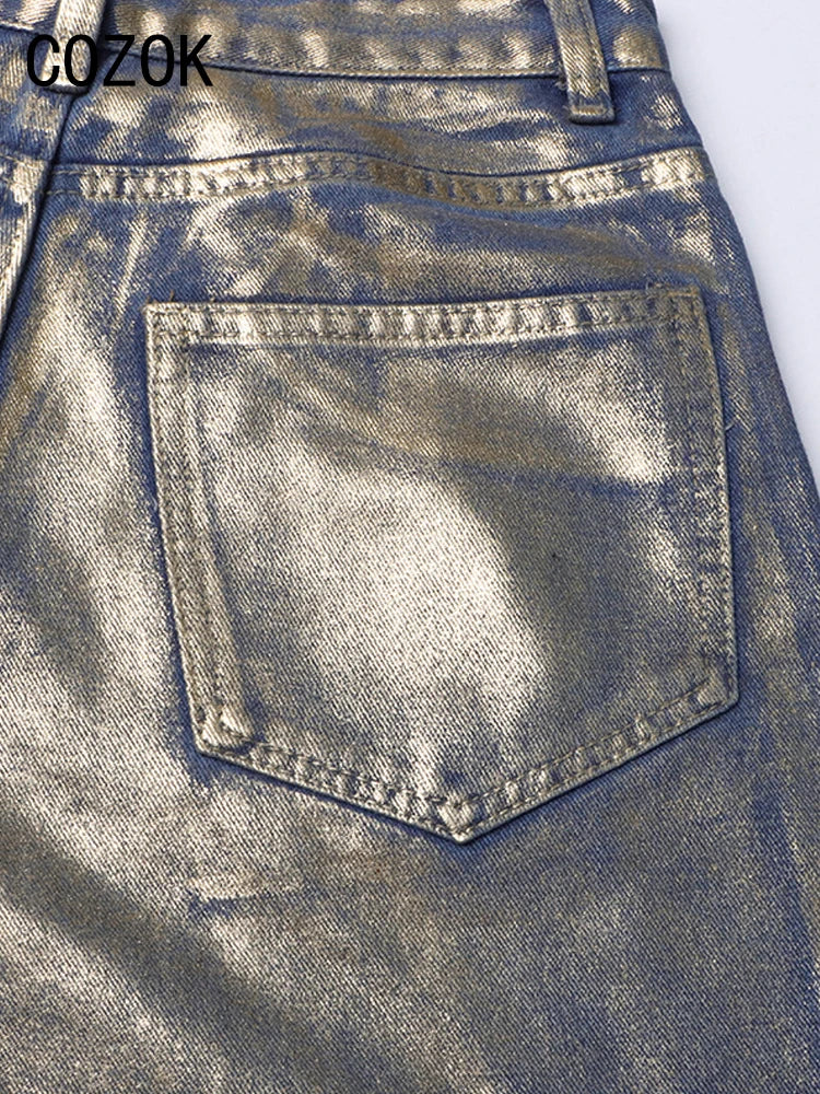 Metallic Wide Leg Jeans High Waist Pants For Women Autumn Vintage Y2K Streetwear Casual Loose Straight Denim Trousers