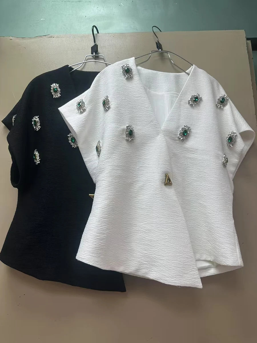 TWOTWINSTYLE Solid Spliced Bead Luxurious Jackets for Women V Neck Short Sleeves Patchwork Button Elegant Jacket Femlae Fashion