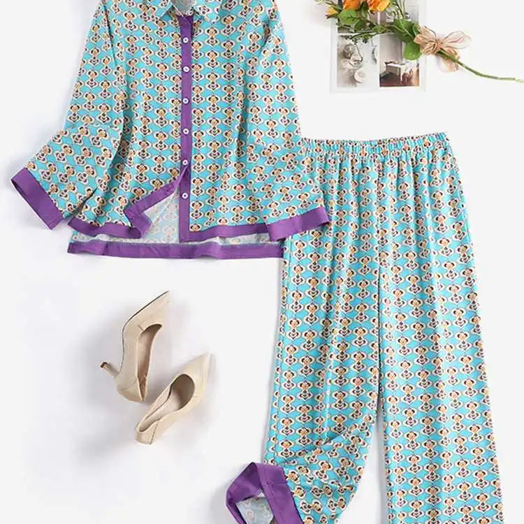 Women Printed Long Sleeve Blouse and Loose Pants Casual Outfits Loose Streetwear Loungewear Oversized ZANZEA Set Tracksuits