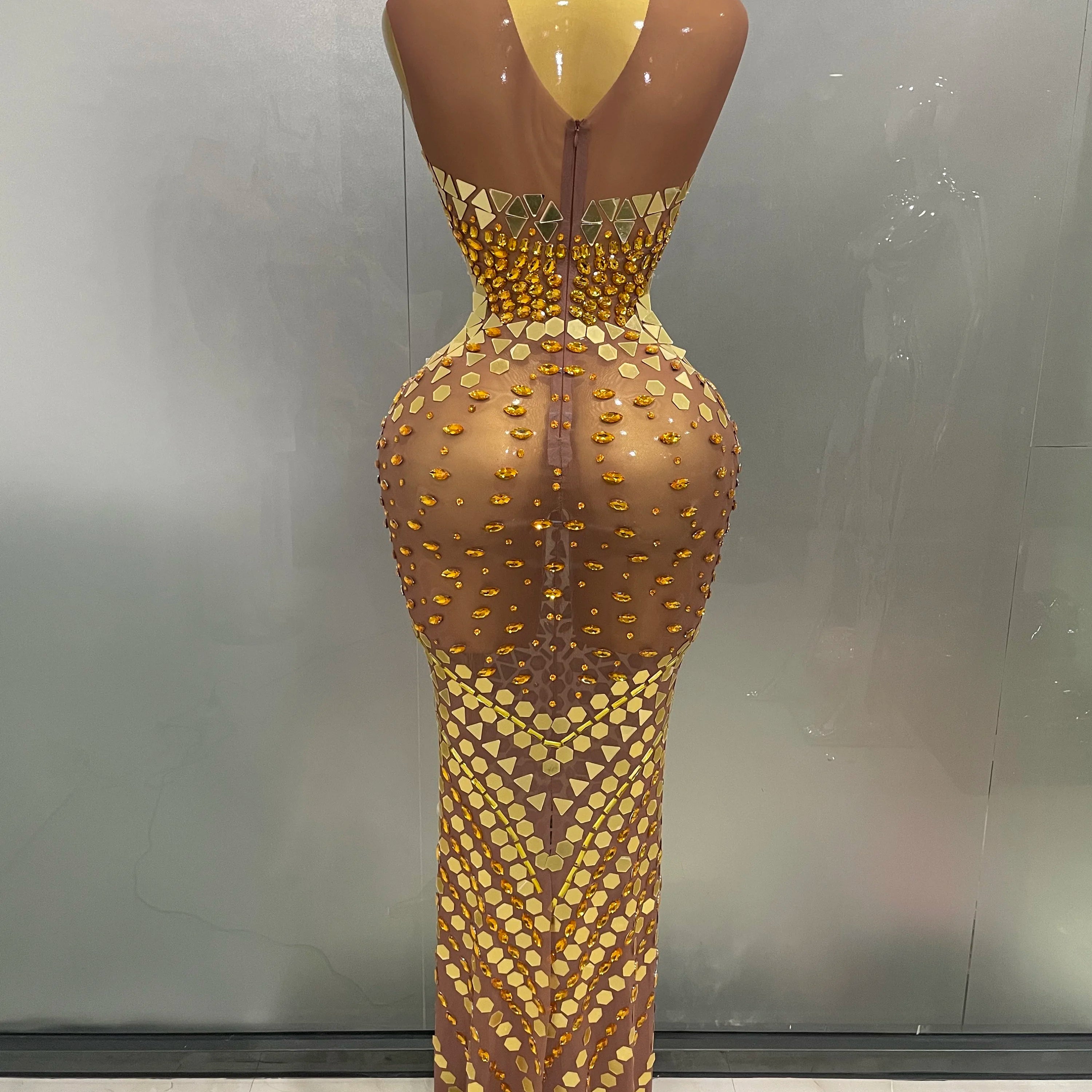 Luxury Shiny Mirror Rhinestones Hollowed-out Long Dress 2025Women Celebrity Evening Party Catwalk Prom Stage Photo Shoot Dresses