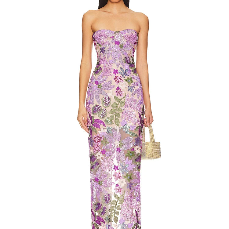 Sequin Flowers Embroidery Sexy Mesh See Through Strapless Ankle Length Dress Elegant Woman Evening Dress Celebrity Party Outfit