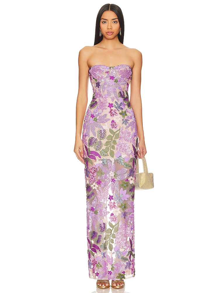 Sequin Flowers Embroidery Sexy Mesh See Through Strapless Ankle Length Dress Elegant Woman Evening Dress Celebrity Party Outfit