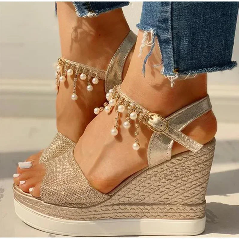Women Wedge Sandals Summer Bead Studded Detail Platform Sandals Buckle Strap Peep Toe Thick Bottom Casual Shoes Ladies Gold