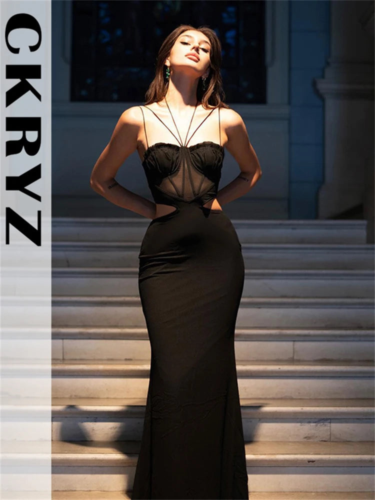 Ladies Autumn Sleeveless Backless Lace Up Halter Hollow Out Maxi Dress For Women New Fashion Evening Party Club Wear Y2K Clothes