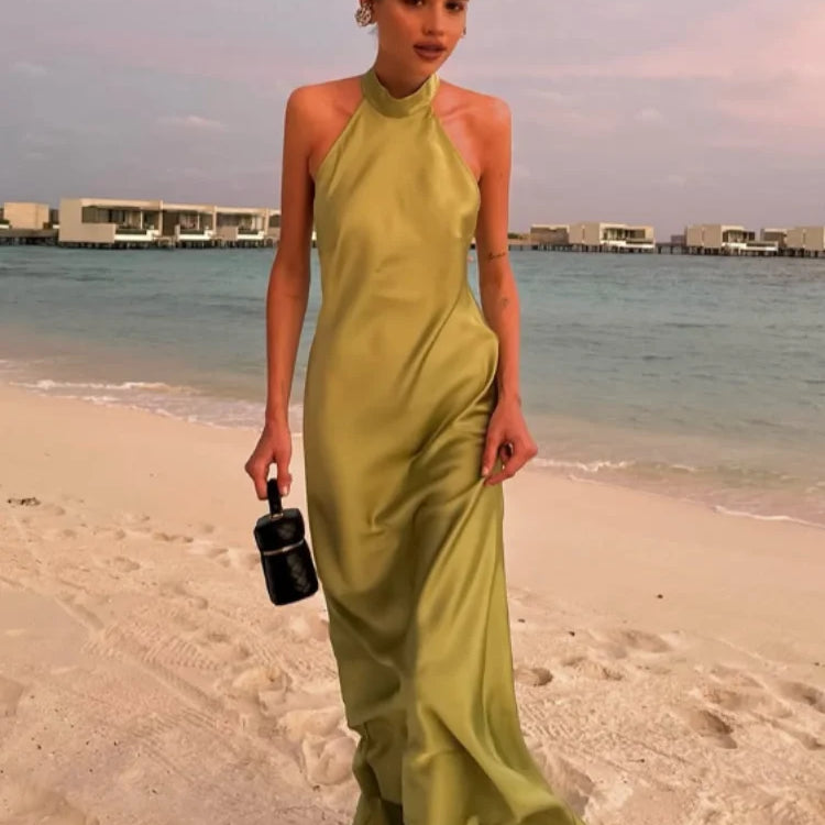 Elegant Green Satin Sleeveless Maxi Dress Chic Stand Neck Lace Up Backless Dresses New Female Summer Vacation Beach Vestido 2025