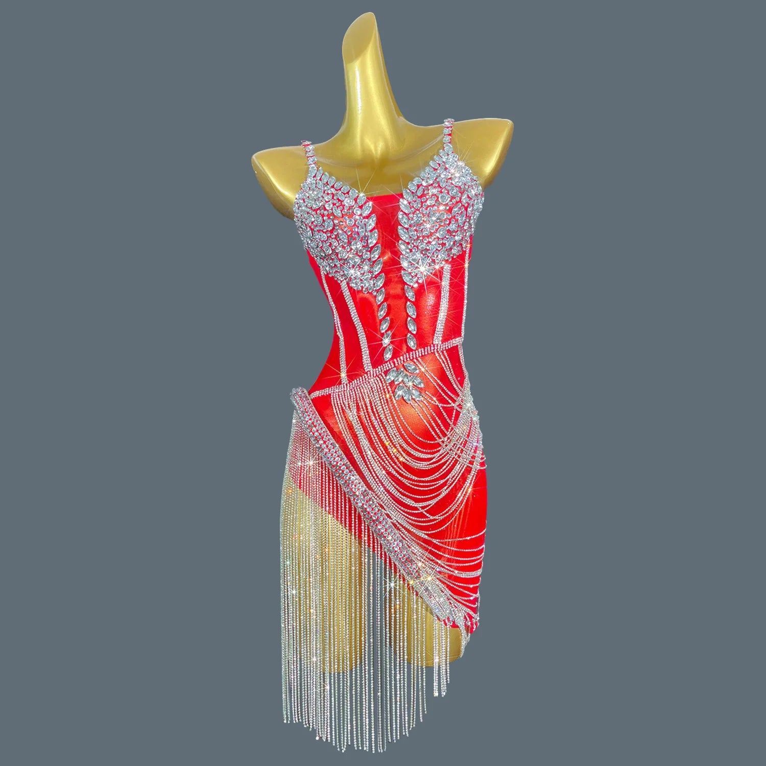 Women Shiny Gold Crystal Chain Diamonds Dress Elastic Sexy Mini Night Club Performance Costume Birthday Party Dress Tassel Liehu