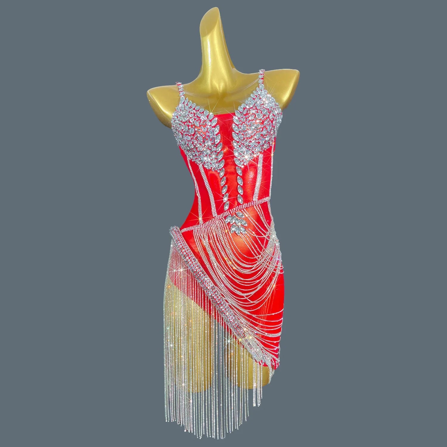 Women Green Crystal Chain Diamonds Dress Elastic Sexy Mini Night Club Performance Costume Birthday Party Dress Tassel Liehu Red