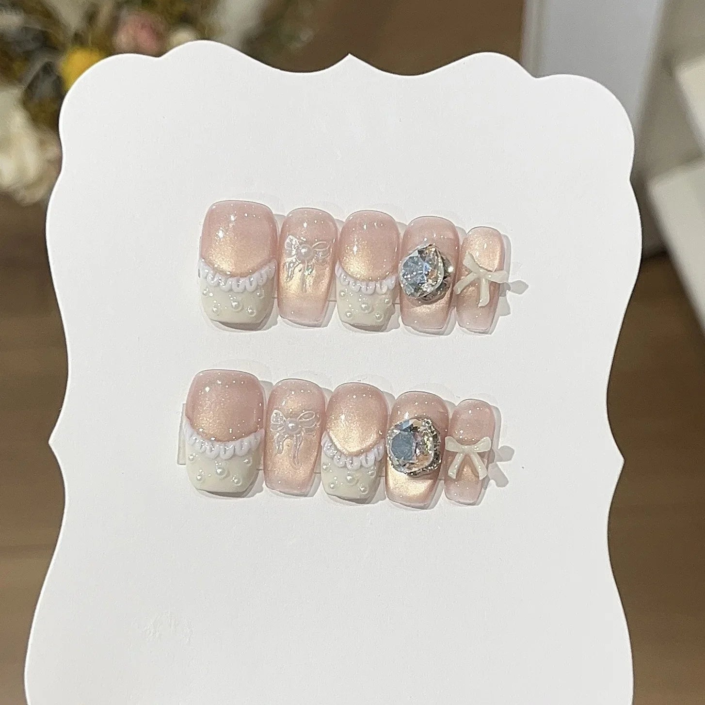 10Pcs Handmade Short Ballet Lovely Cat Eye Designs Nail Stickers with Rhinestone Sweet Manicure Wearing Acrylic Nails for Girls